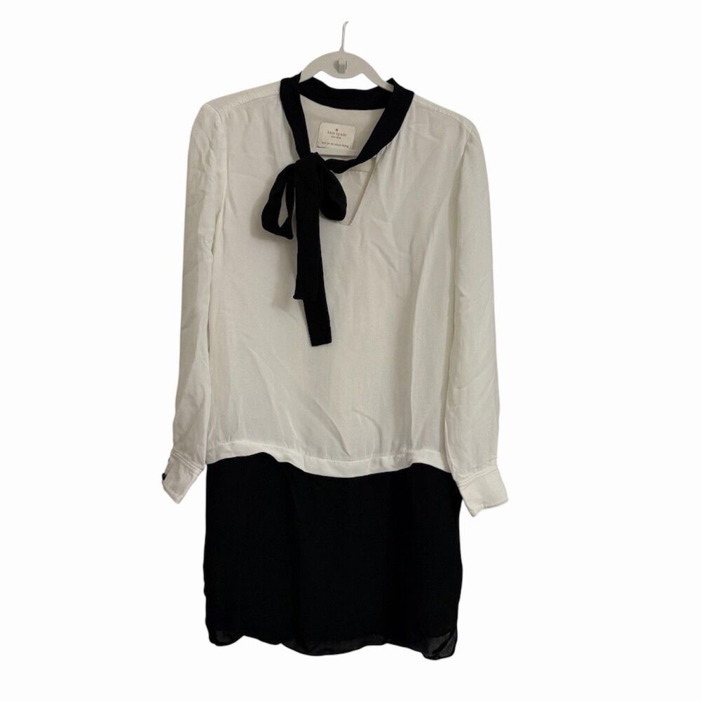 Kate Spade Dress 4 Black White‎ Tie Neck Bow Shift Shirtdress Classic Mini
